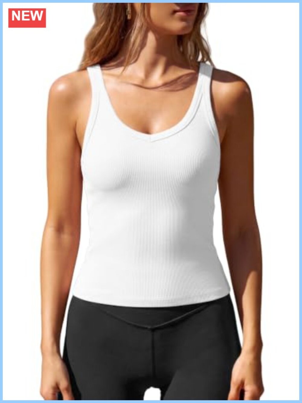 Womens V Neck Ribbed Tank Top Built in Bra Padded Summer Camisole
